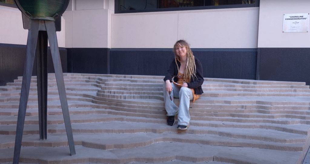 Sarah Olsen at the Shoreline Commemorative in Toronto as part of a heritage virtual walking tour.